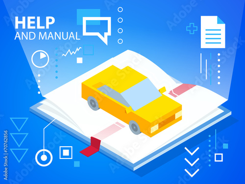 Vector bright illustration help book and car on blue background