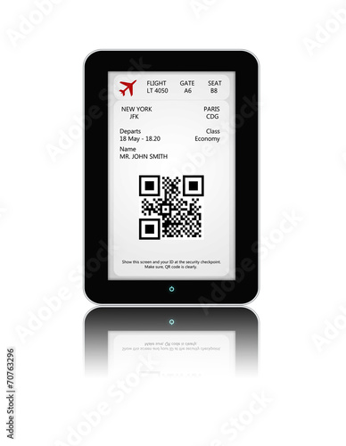 tablet with mobile boarding pass isolated over white