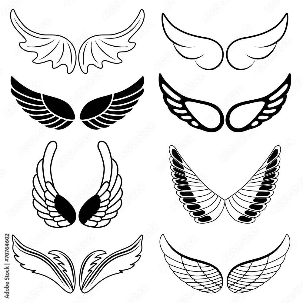 Set of eight black and white silhouettes of wings Set of eight black and white silhouettes of wings