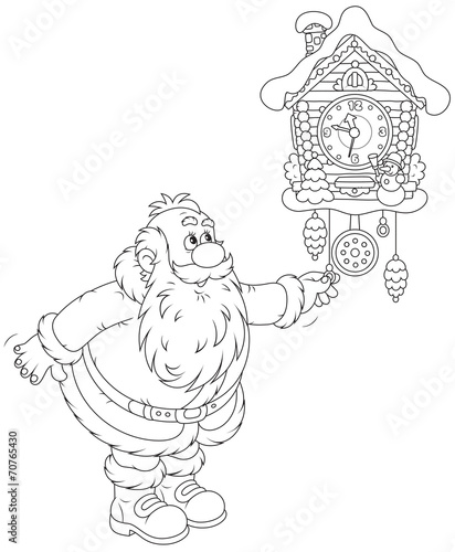 Santa Claus winds a cuckoo-clock