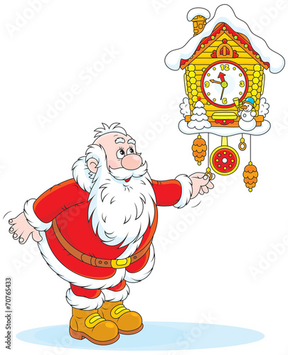 Santa Claus winds a cuckoo-clock