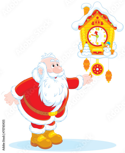 Santa Claus winds a cuckoo-clock