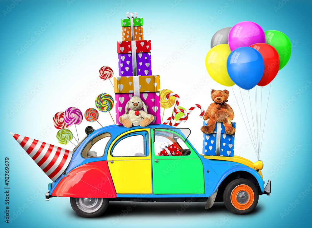 Colorful car with gifts and toys, holiday - obrazy, fototapety, plakaty 