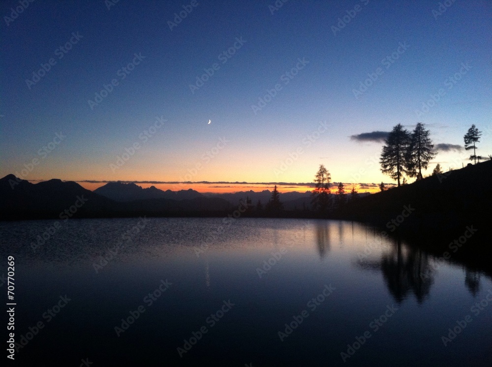 Mountain Lake Sunset Reflection With Moon