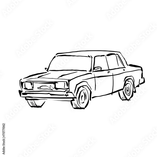 Monochrome hand drawn car on white background, black and white i
