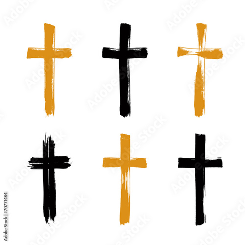 Set of hand-drawn black and yellow grunge cross icons, collectio
