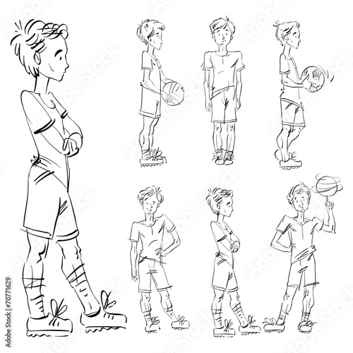 Set of vector full-length hand-drawn Caucasian teens, black and