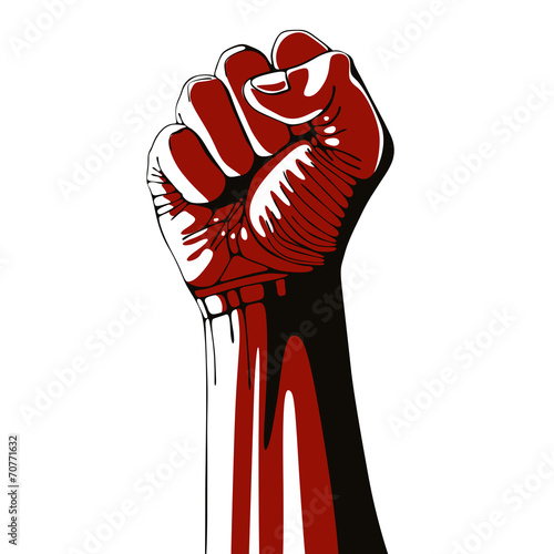 Clenched fist held high in protest.