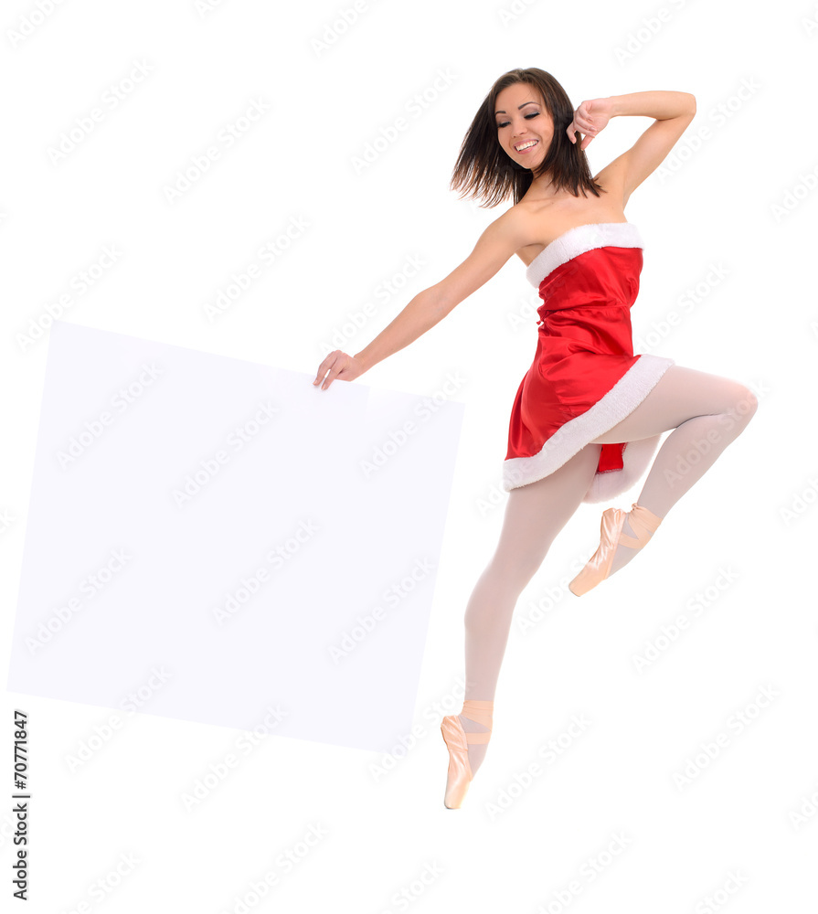 jumping ballet female dancer in red with banner jumping ballet female dancer in red with banner
