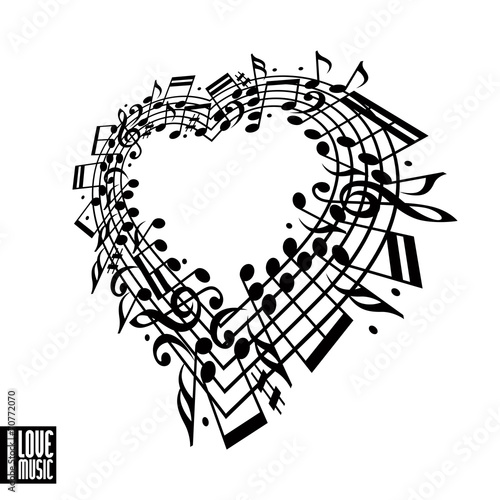 I love music concept. Heart made with musical notes and clef.