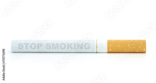 Cigarette with stop smoking text isolated on white background