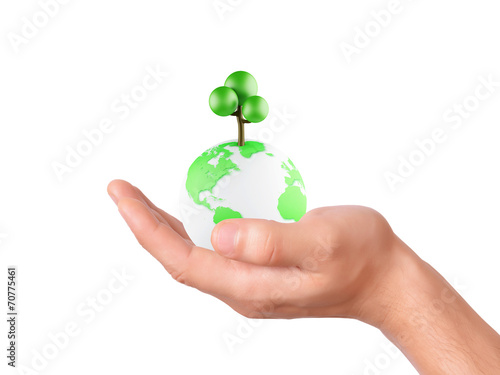 holding a earth globe and tree in his hand