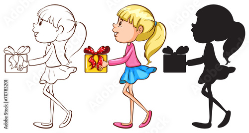 Sketches of a girl holding a gift in different colours