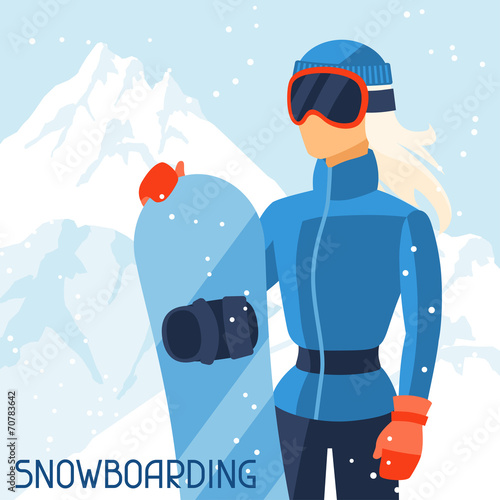 Girl snowboarder on mountain winter landscape background.