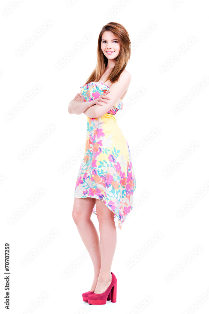 Beautiful young happy woman in light dress. Beautiful young happy woman in light dress.
