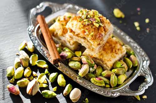 Turkish pistachio pastry dessert  baklava with green pistachios