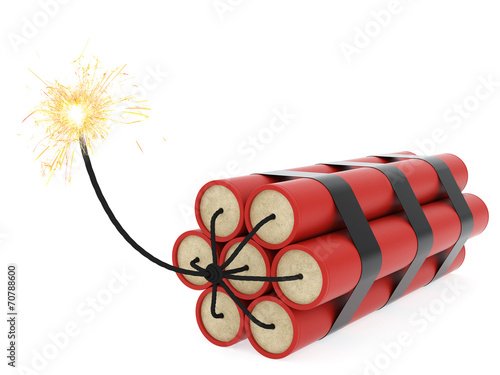 Fototapeta Dynamite with burning wick on white background