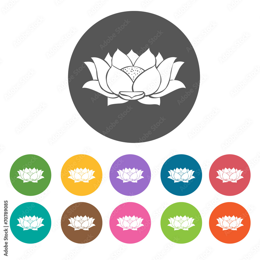 Lotus icon. Flower icon set. Round colourful 12 buttons. Vector Lotus icon. Flower icon set. Round colourful 12 buttons. Vector