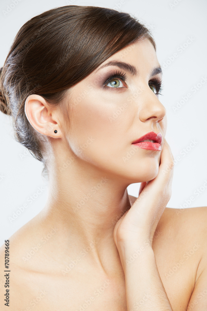 Close up portrait of beautiful young woman isolated on white ba Close up portrait of beautiful young woman isolated on white ba