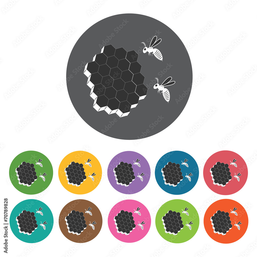 Bees and bee hive icon. Honey relate icon set. Round colourful 1 Bees and bee hive icon. Honey relate icon set. Round colourful 1