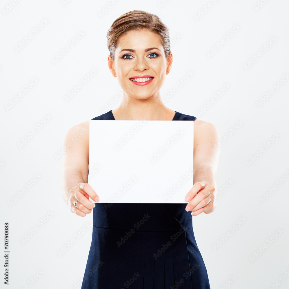 Fototapeta premium Smiling Business woman hold white card