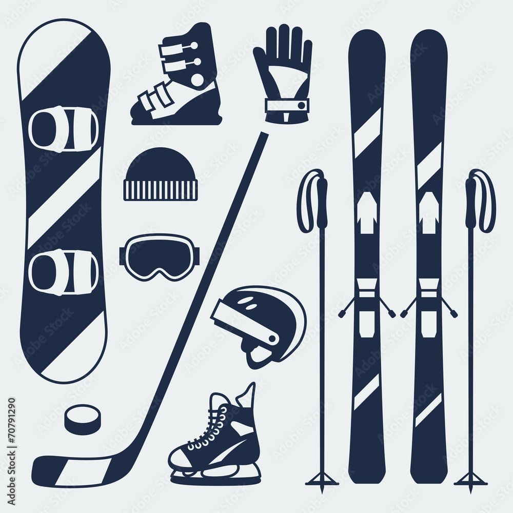 Fototapeta premium Winter sports equipment icons set in flat design style.