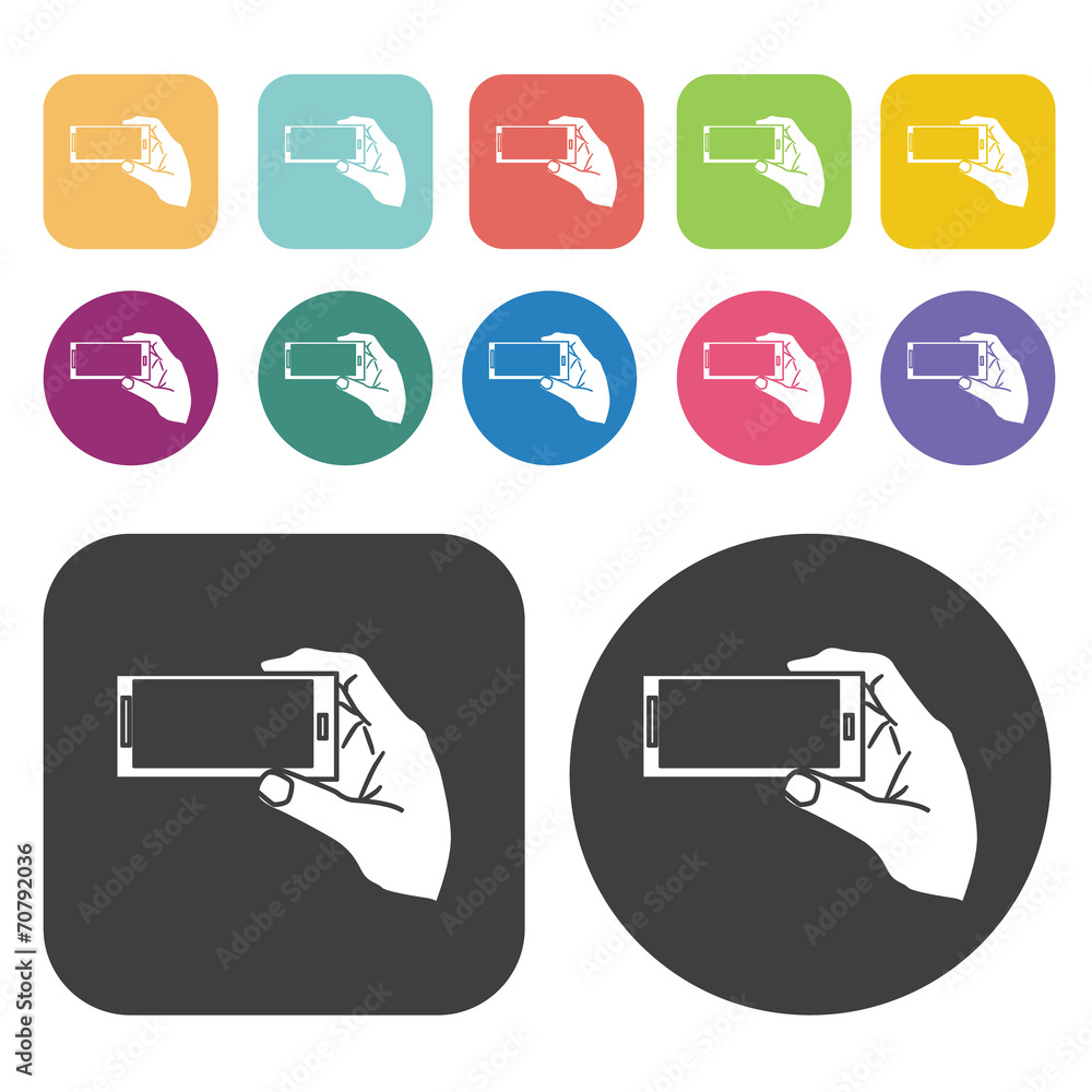 Hand holding mobile phone horizontally sign icon. Round and rect Hand holding mobile phone horizontally sign icon. Round and rect