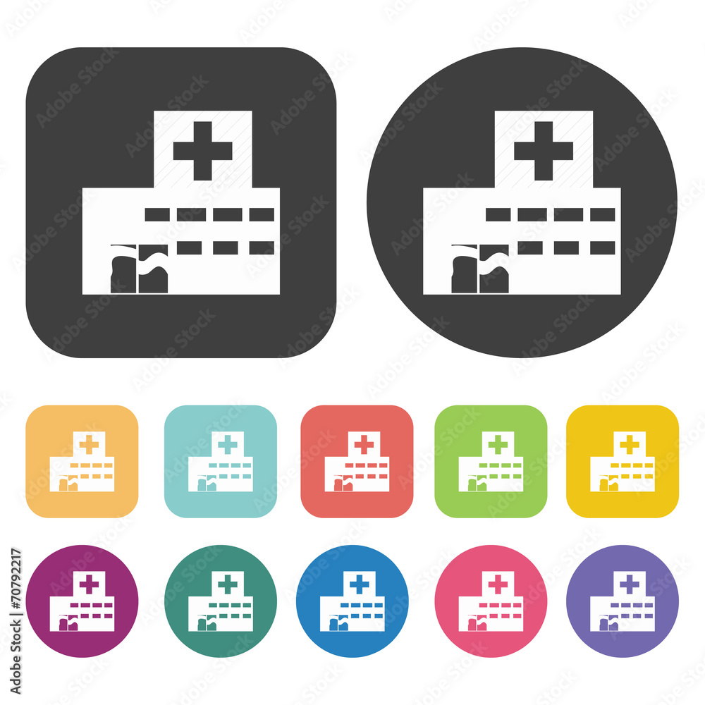 Hospital building icon. Hospital nurse icons set. Round and rect Hospital building icon. Hospital nurse icons set. Round and rect