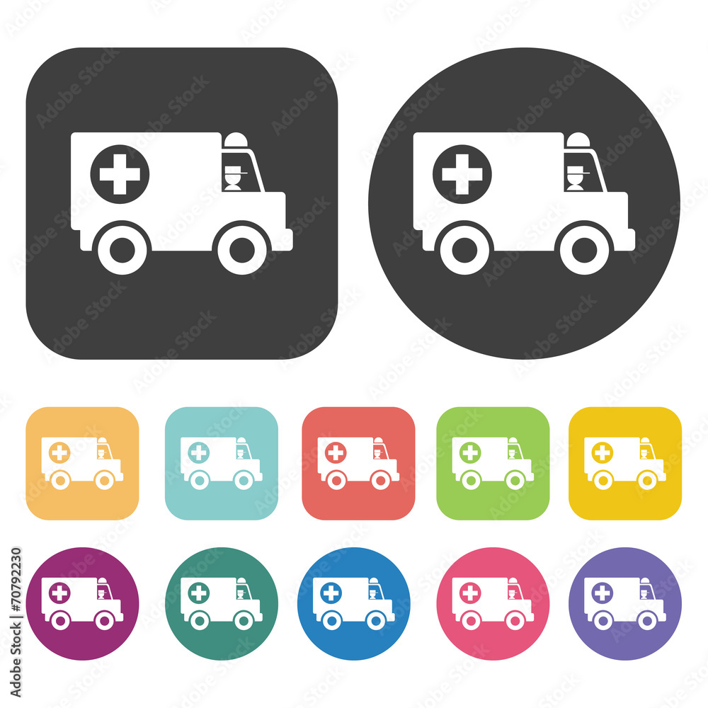 Ambulance icon. Hospital nurse icons set. Round and rectangle co Ambulance icon. Hospital nurse icons set. Round and rectangle co