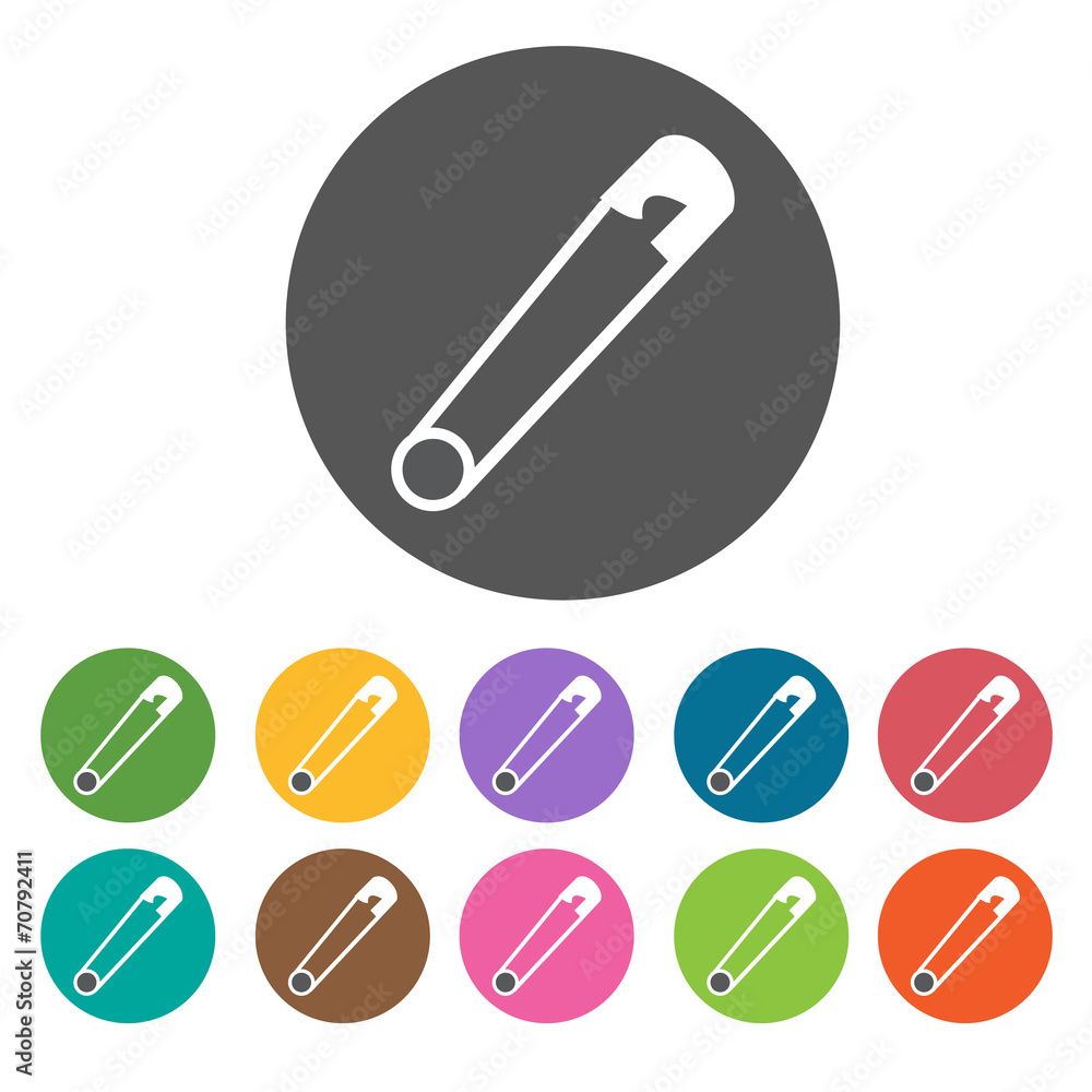 Safety pin icon. Sewing equiptment icons set. Round colourful 12 Safety pin icon. Sewing equiptment icons set. Round colourful 12