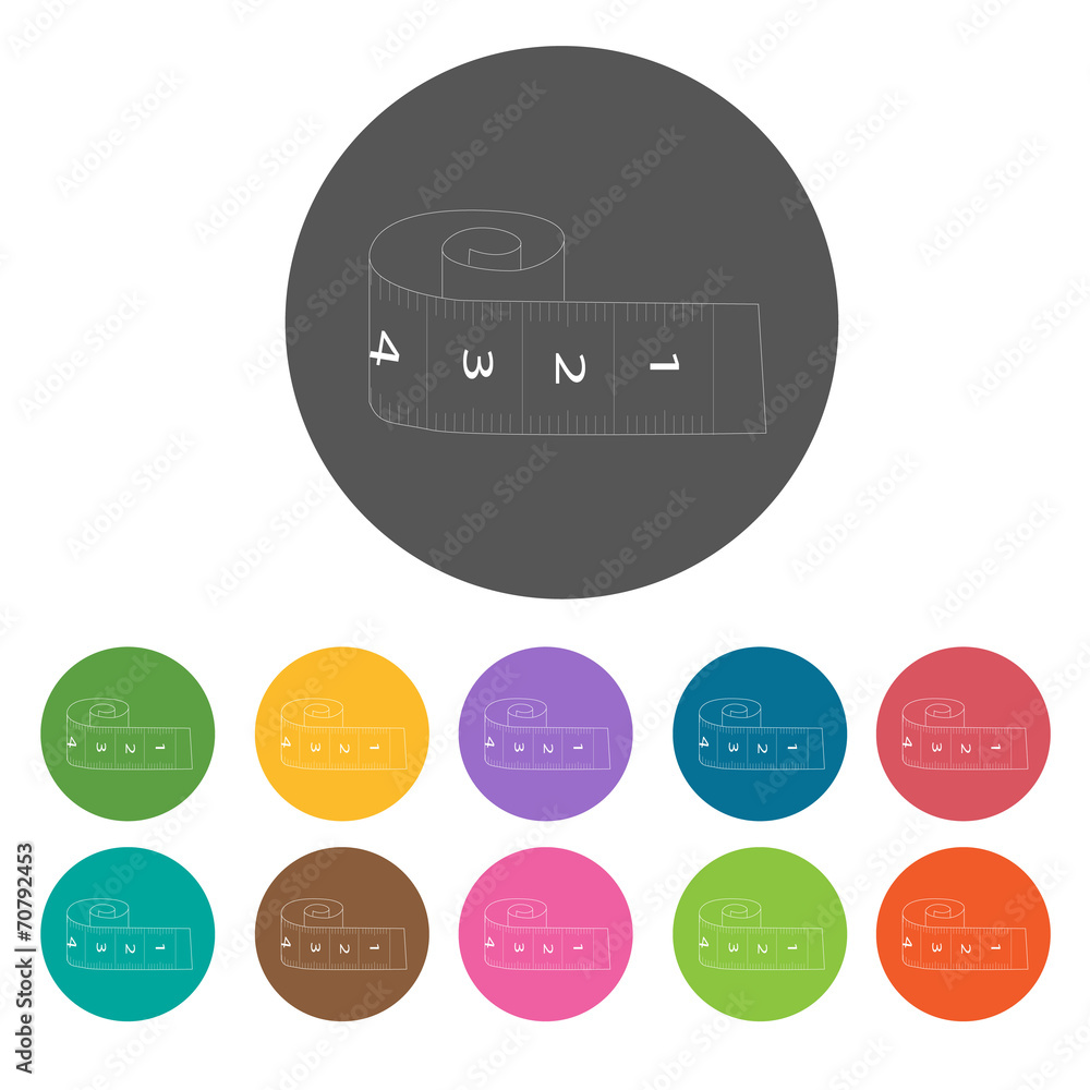 Measuring tape icon. Sewing equiptment icons set. Round colourfu Measuring tape icon. Sewing equiptment icons set. Round colourfu