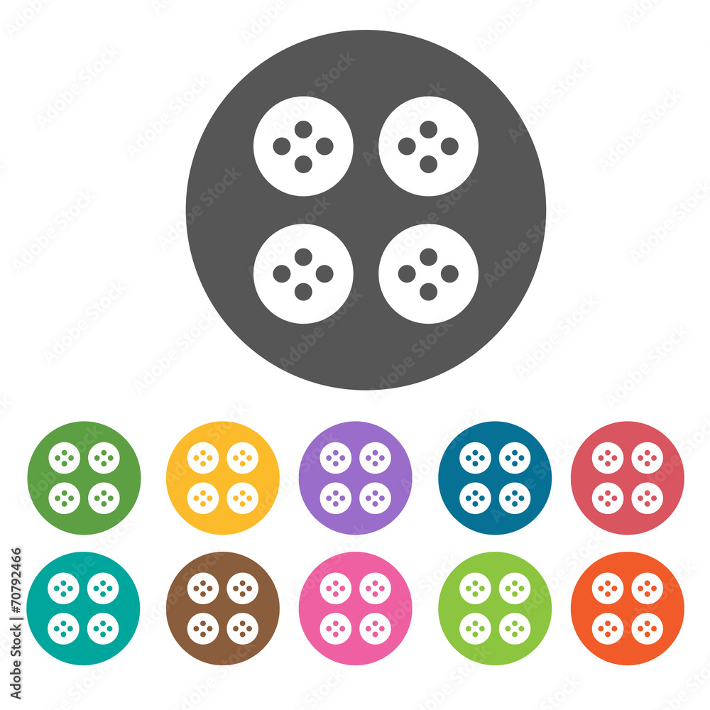 Four white buttons icon. Sewing equiptment icons set. Round colo Four white buttons icon. Sewing equiptment icons set. Round colo