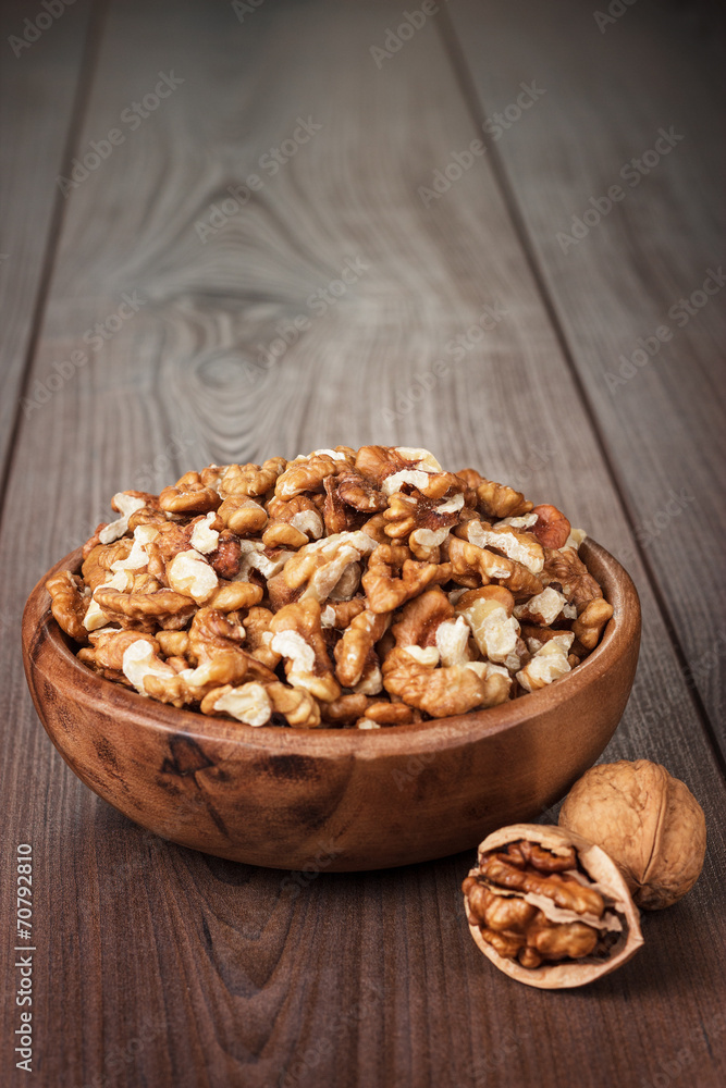walnuts in the brown wooden bowl walnuts in the brown wooden bowl
