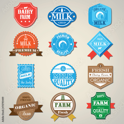 Dairy Farm and Milk Badges Label icons set. Vector Illustration
