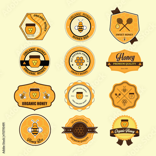 Set of honey and bee labels for honey badges. Vector Illustratio