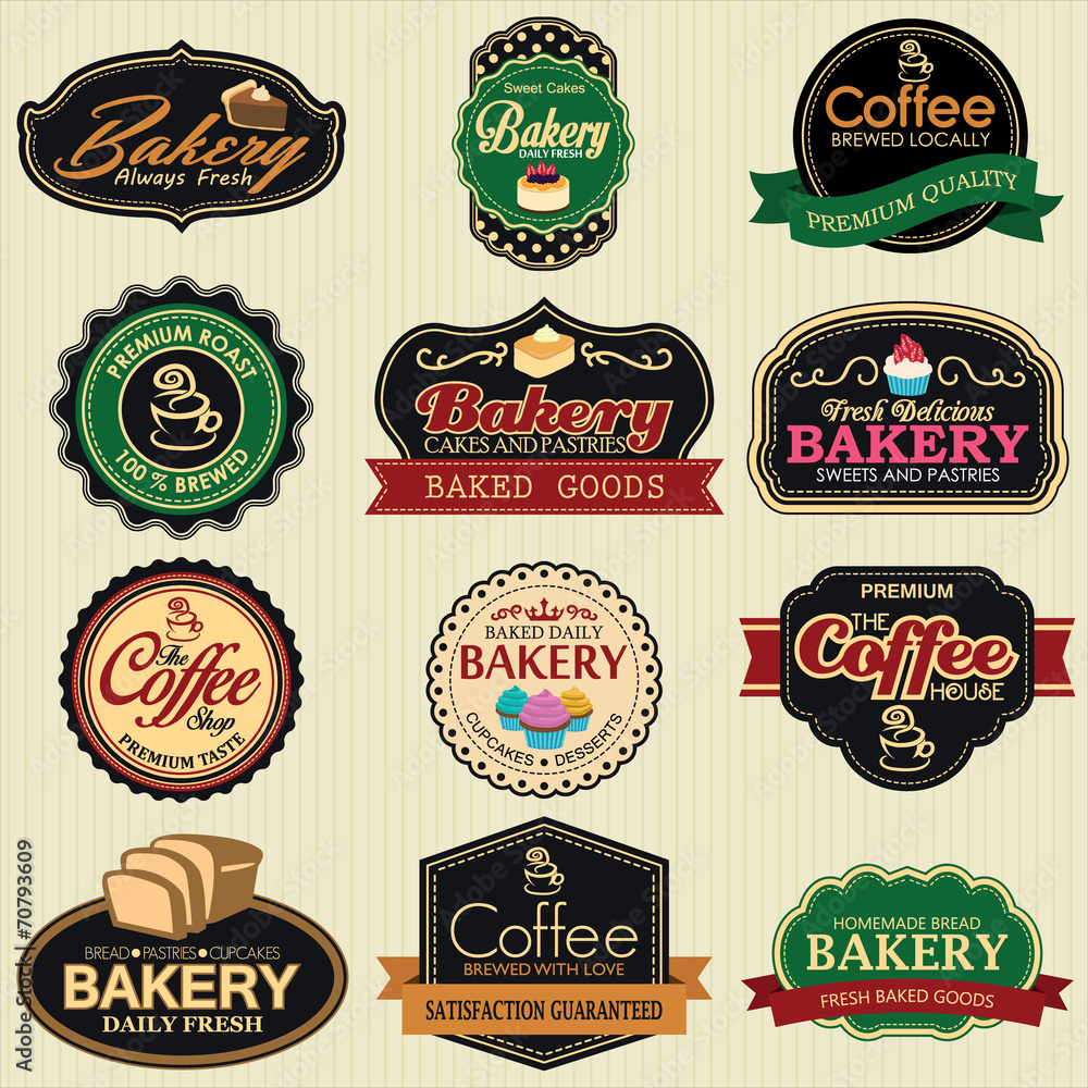 Set of retro coffee and bakery labels, ribbons and cards for vin