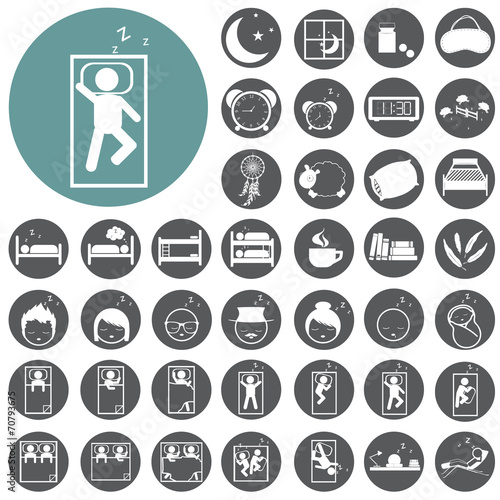 sleep concept icons set: pillow, bed, moon, sheep, owl, zzz. Vec