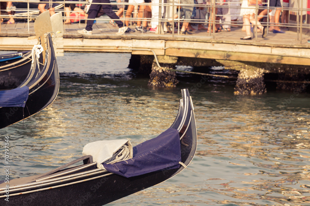 Gondolas moored by Saint Mark square. Venice, Italy, Europe