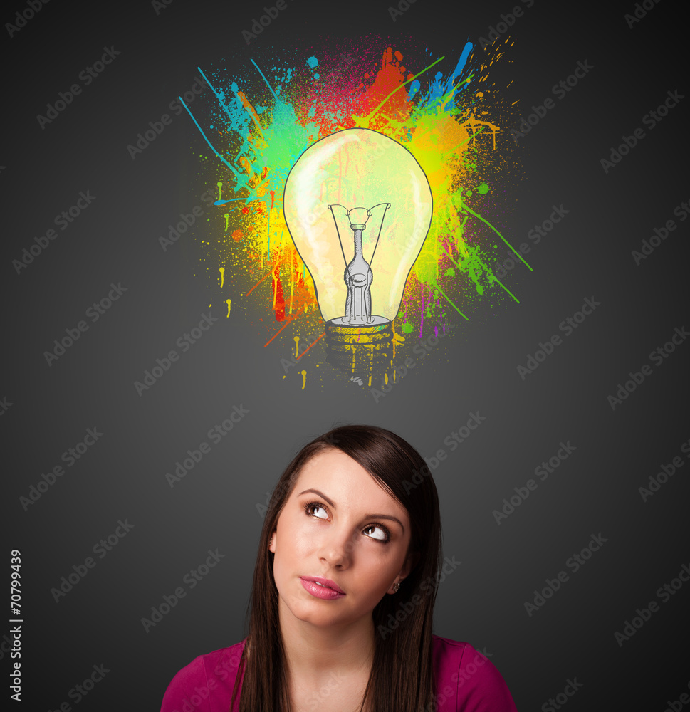Young woman thinking with lightbulb above her head Young woman thinking with lightbulb above her head