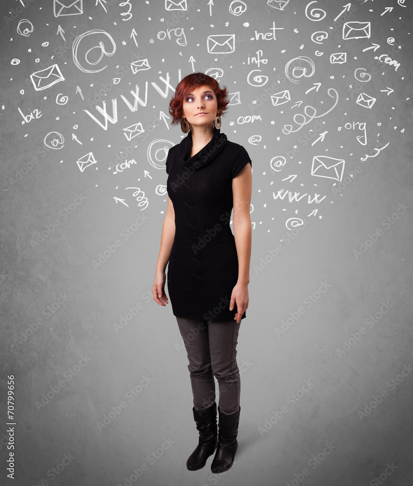 Pretty young girl with abstract white media icon doodles Pretty young girl with abstract white media icon doodles