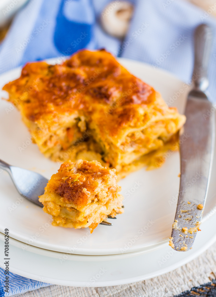 processes food meat lasagna on a white bowl, .Italian food processes food meat lasagna on a white bowl, .Italian food