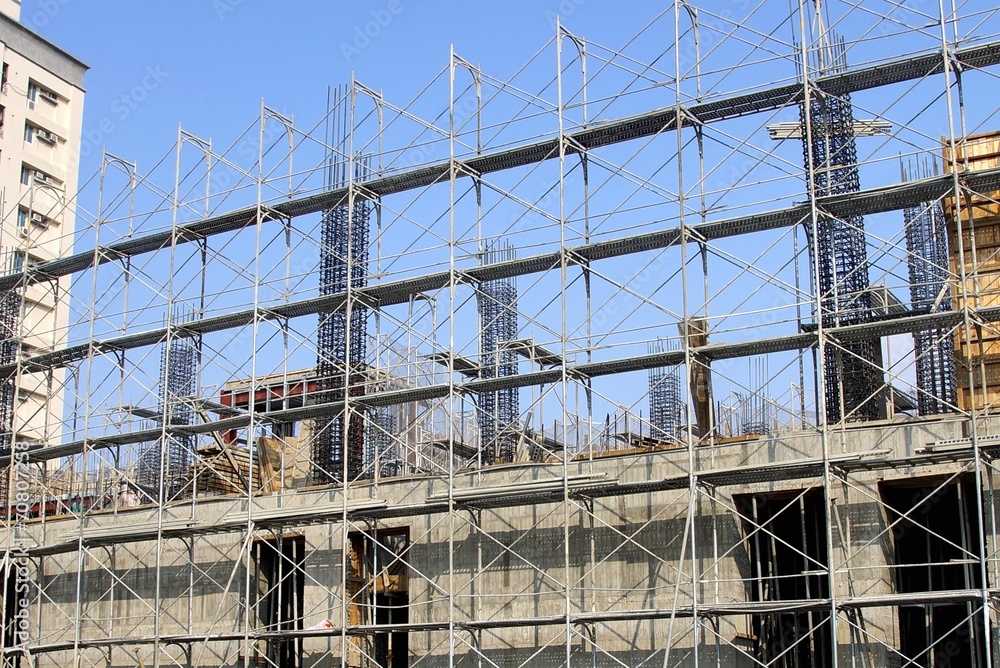The construction site and steel frame in city