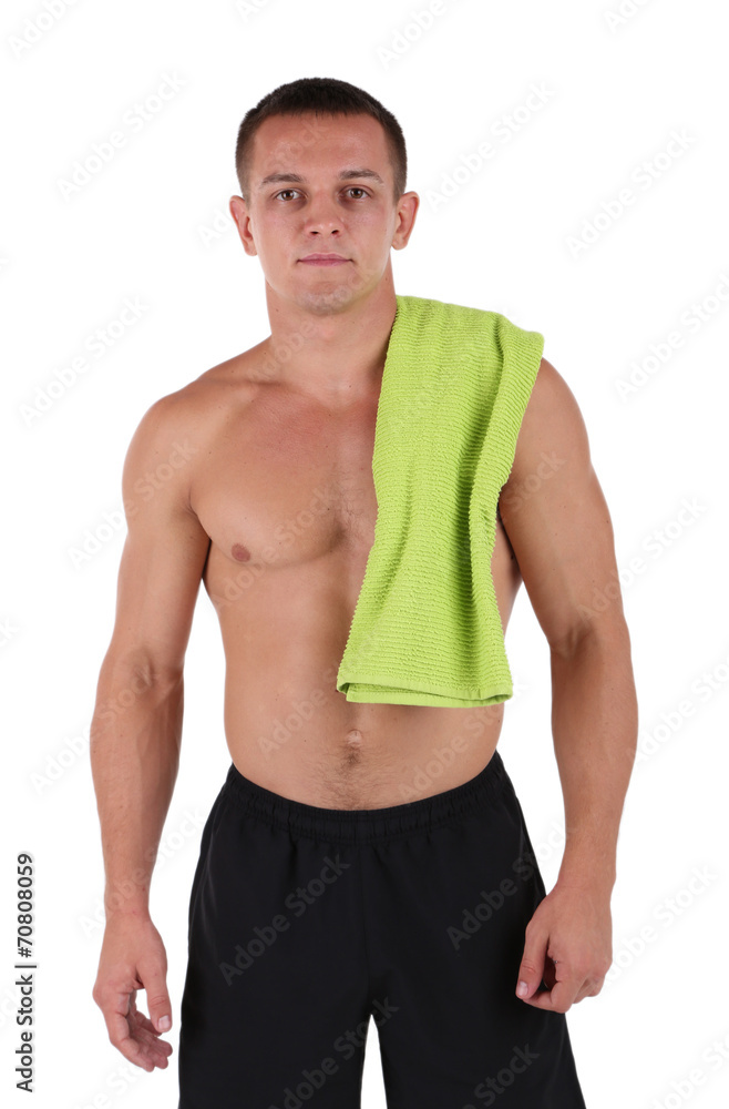 Handsome young sportsman holding towel isolated on white Handsome young sportsman holding towel isolated on white