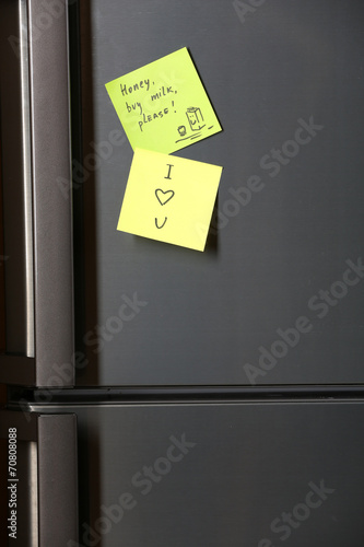 Note on piece of paper on refrigerator closeup