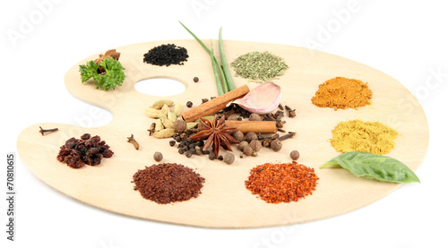 Painting palette with various spices and herbs, isolated
