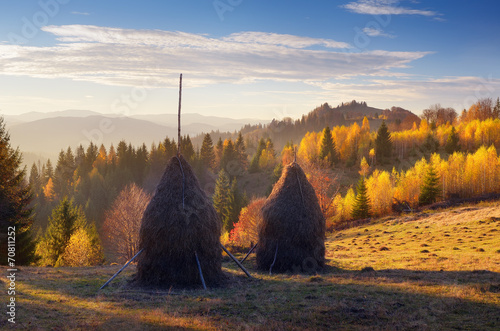 Tablou canvas Haystacks in mountain village