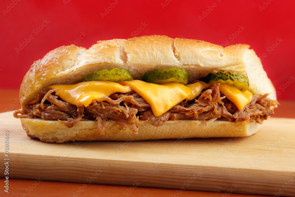 Pulled pork baguette sandwich with cheese