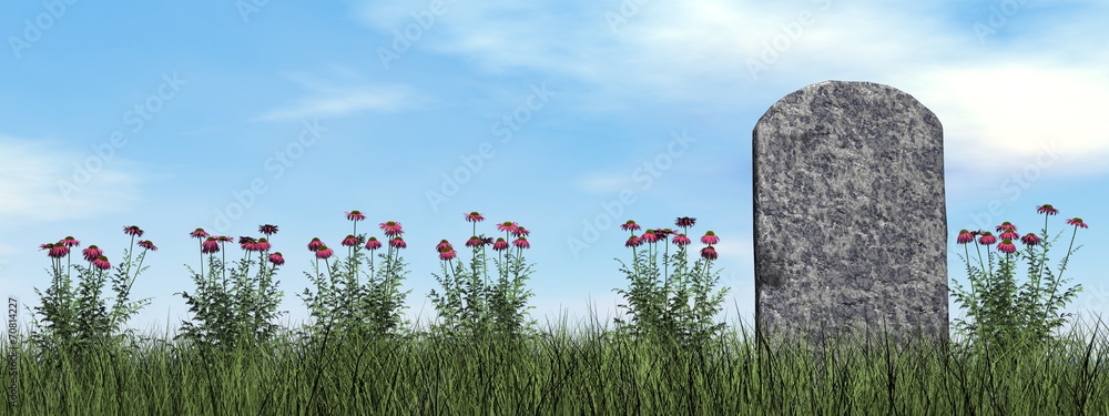 Tombstone and beautiful flowers - 3D render - obrazy, fototapety, plakaty 