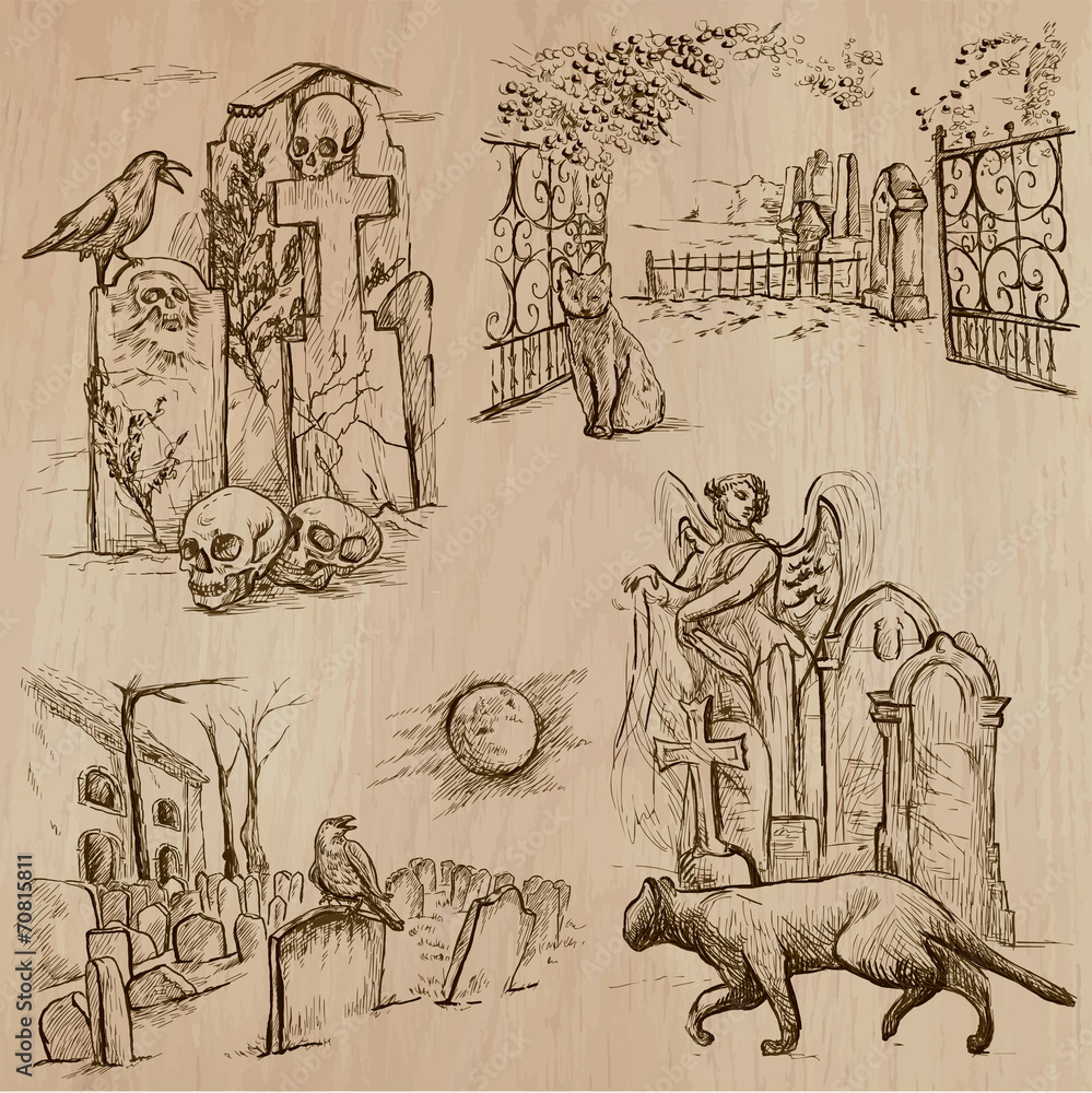 Obraz premium Halloween, Cemeteries - An hand drawn vector pack