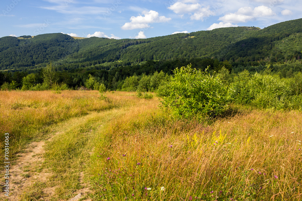 valley in mountains on hillside under sky with clouds valley in mountains on hillside under sky with clouds
